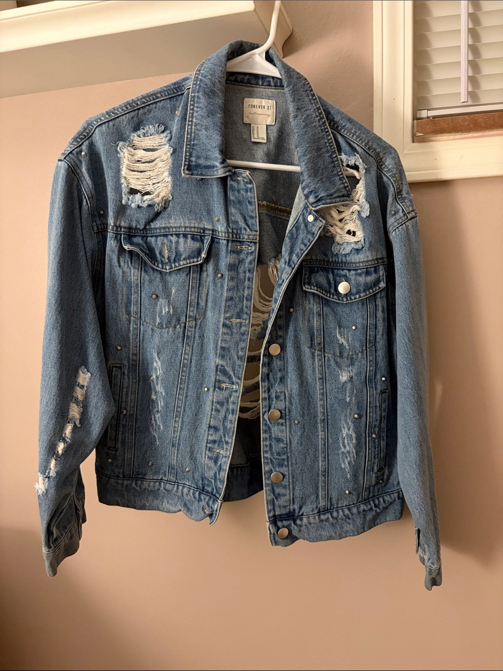 Forever 21 Distressed Studded Denim Jacket